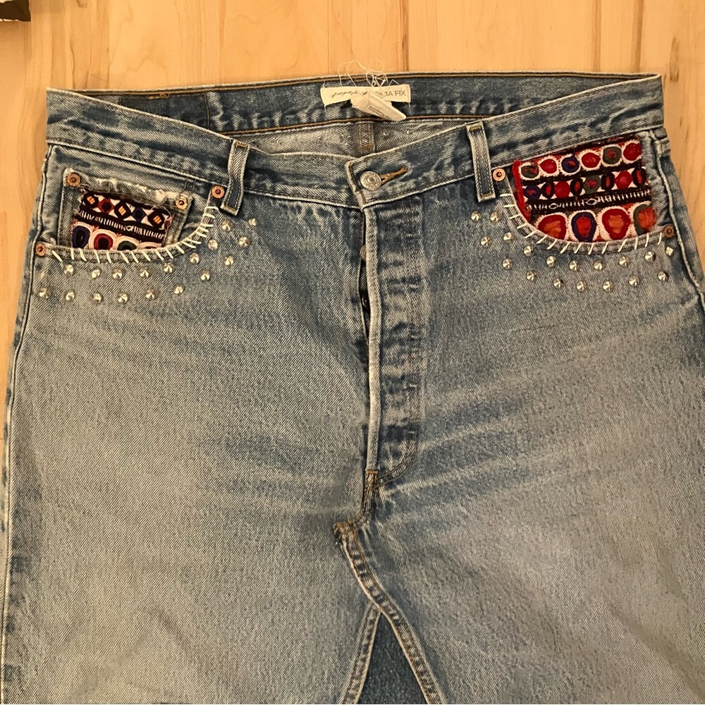 ❤️VERY RARE Tricia Fix free people Blue Patchwork Denim Maxi Skirt with Studs - Picture 15 of 16